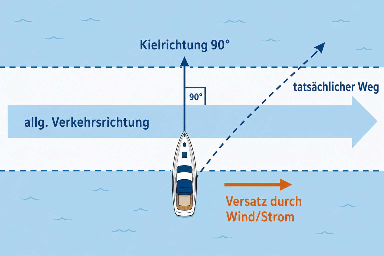 Diagramm eines Fahrzeugs, dessen Kielrichtung beim Queren rechtwinklig zur allgemeinen Verkehrsrichtung zeigt, während Wind oder Strom den tatsächlichen Weg seitlich versetzt