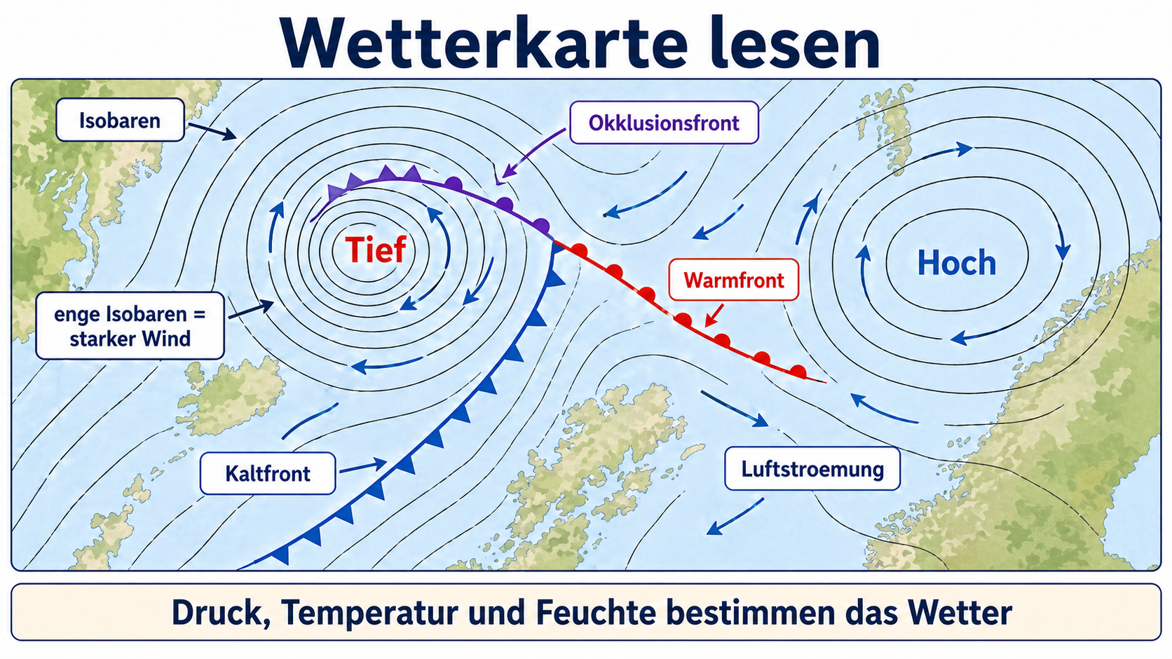 Eigene Lernskizze zu Isobaren, Tief, Hoch, Kaltfront, Warmfront, Okklusionsfront und Luftströmung auf einer Wetterkarte